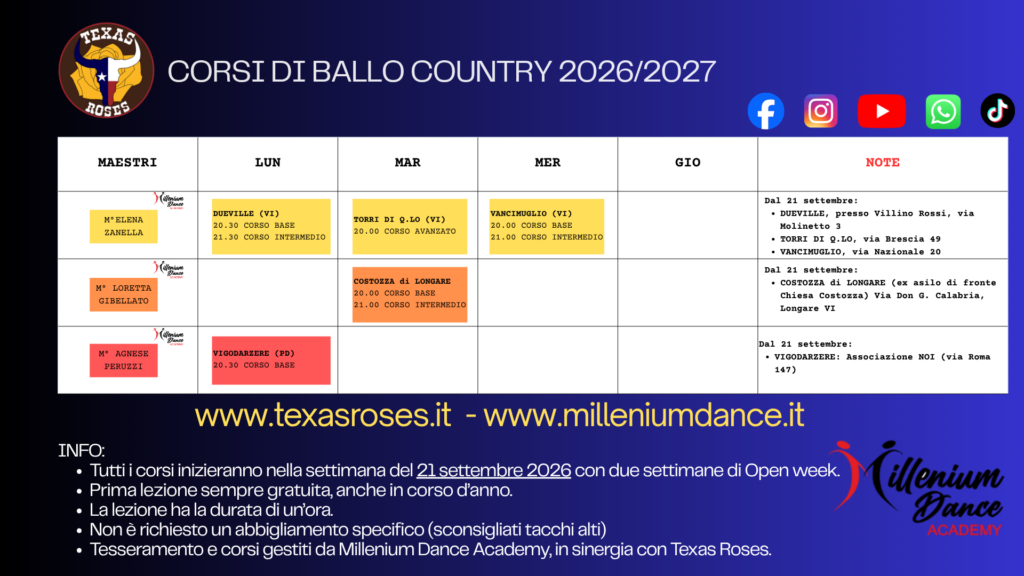 Calendario corsi country 2026/2027 Texas Roses